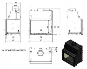 Чертеж и размеры топки Kratki OLIWIA/PW/22/W/DECO